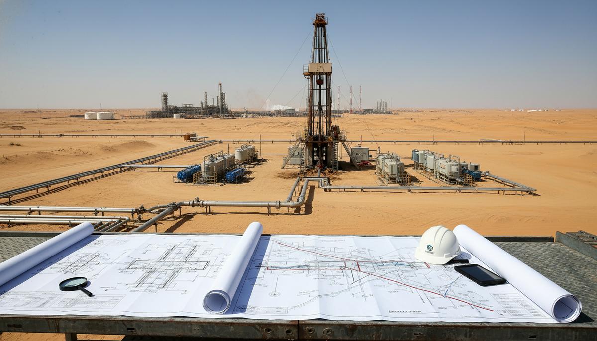 Панорамный вид на современное месторождение нефти в пустыне Кувейта с буровым оборудованием и трубопроводами. На переднем плане – геологические карты и технические планы на столе.