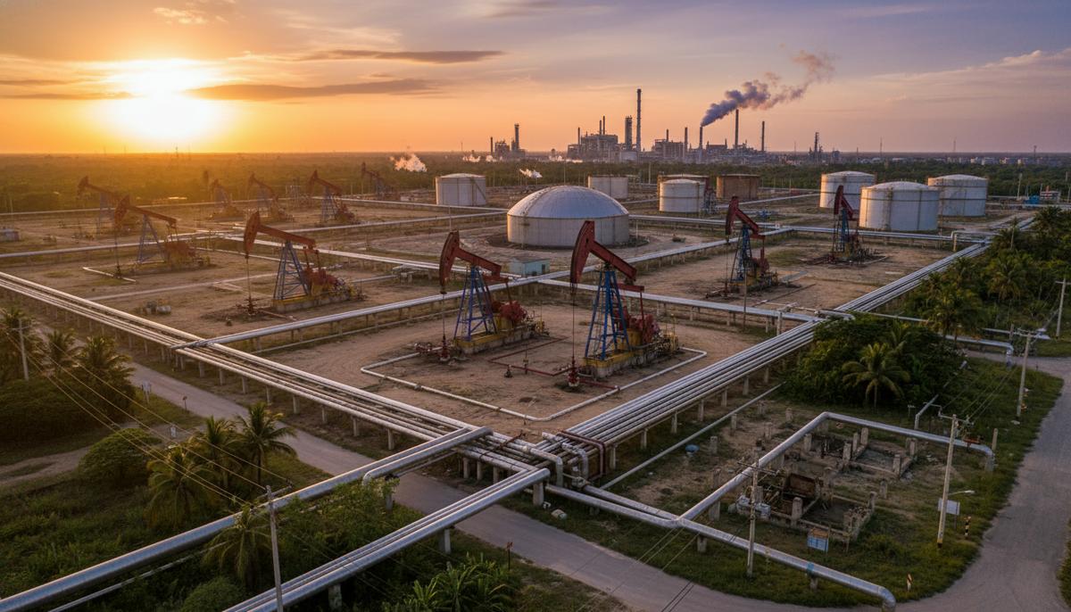 Панорама нефтяного месторождения в Венесуэле с вышками, трубопроводами и нефтехранилищами на фоне тропического ландшафта.
