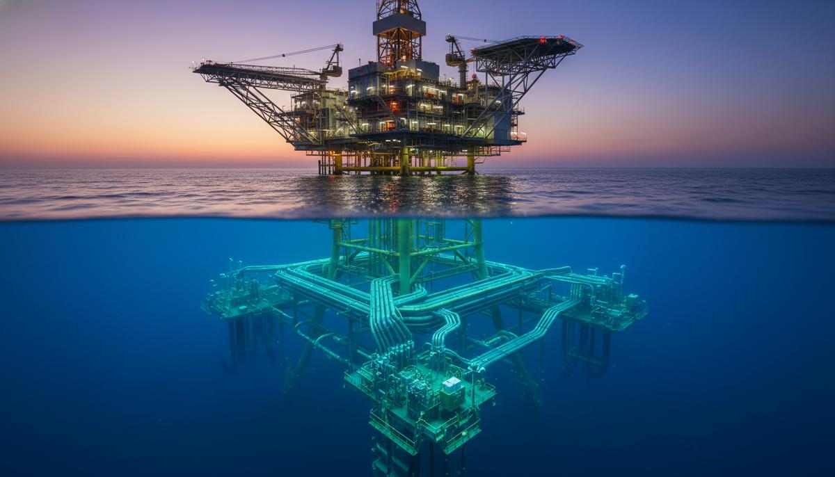 Оффшорная газовая платформа в Черном море, видны подводные трубопроводы и обсадные трубы, заходящие в толщу воды.