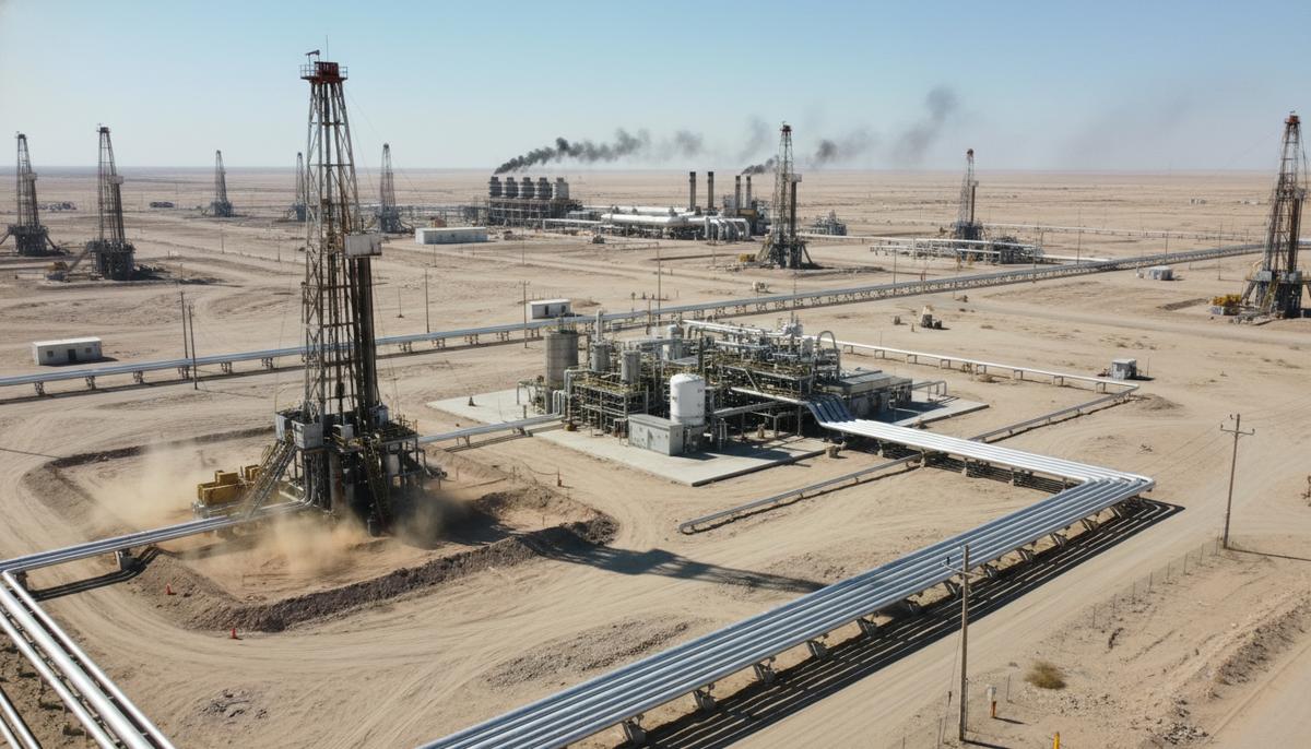 Обширное нефтяное месторождение в пустыне с буровыми установками, сетями трубопроводов и технологическим оборудованием.