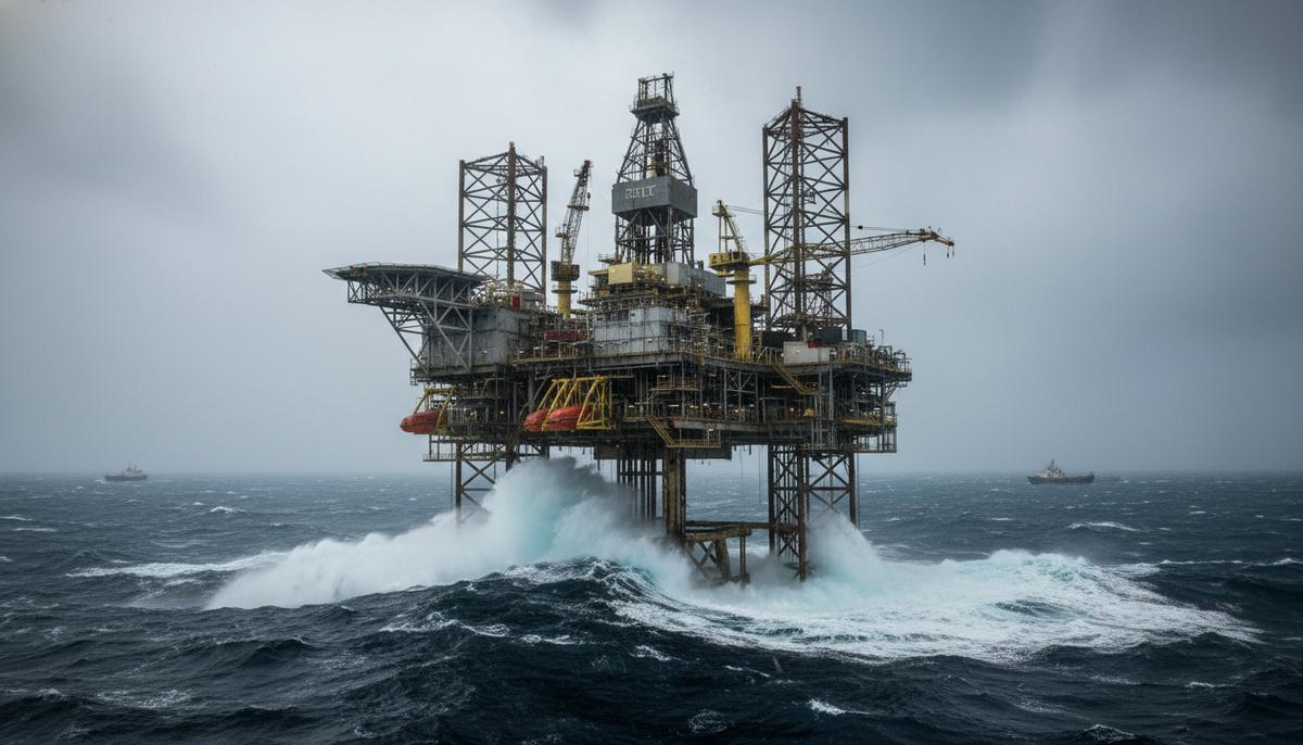 Масштабная морская нефтедобывающая платформа в бурном Северном море. Индустриальные конструкции, волны, пасмурное небо.