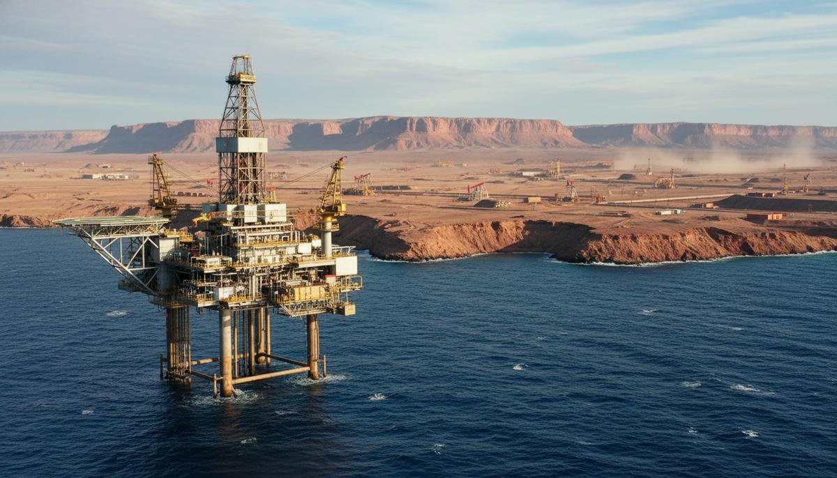 Современная морская нефтедобывающая платформа в Атлантическом океане и инфраструктура сланцевых месторождений Вака Муэрта в Патагонии.