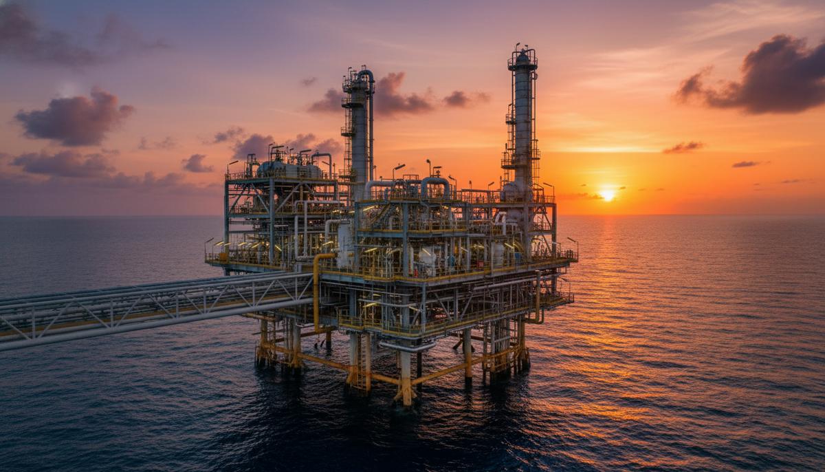 Офшорная газовая платформа с комплексом трубопроводов и оборудования на фоне заката над Атлантическим океаном у берегов Экваториальной Гвинеи.