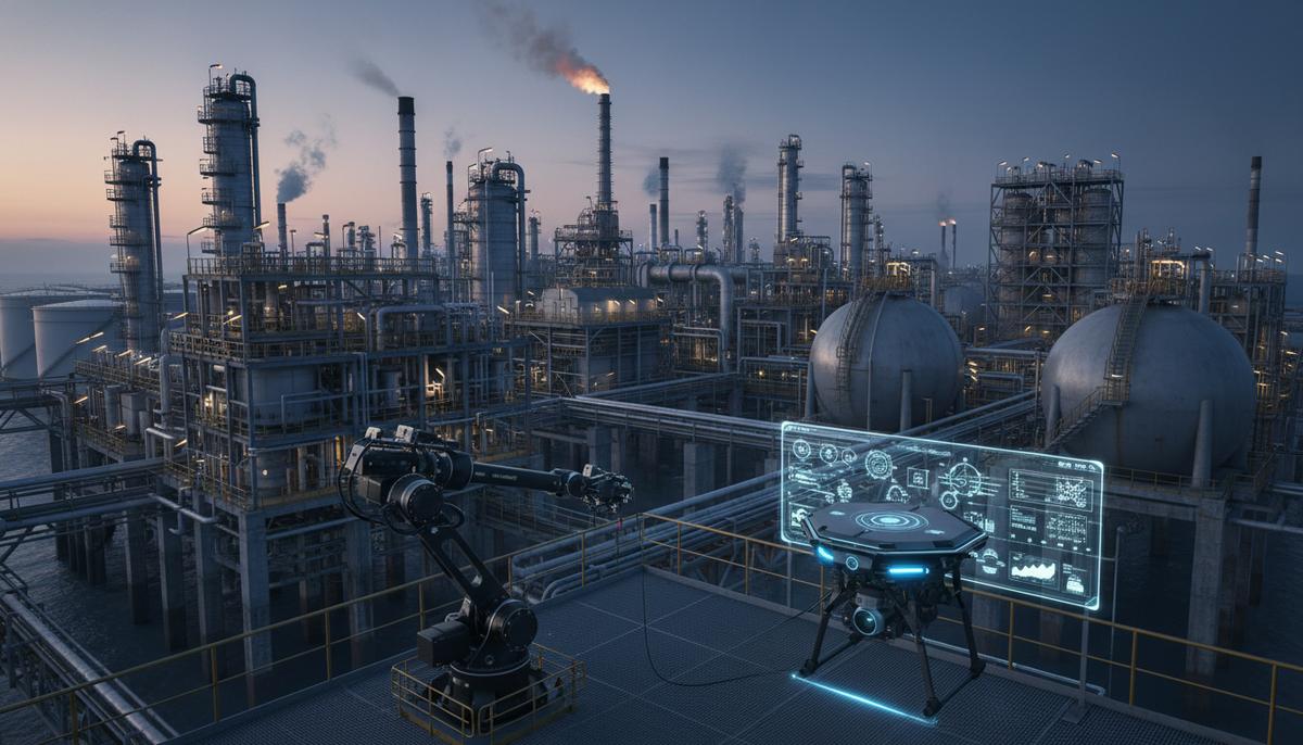 Морская нефтегазовая платформа или крупный нефтеперерабатывающий завод с множеством труб и сооружений. Рядом с панелью управления виден высокотехнологичный дрон.