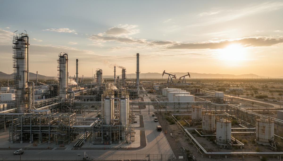 Панорамный вид на нефтеперерабатывающий завод и нефтедобывающее месторождение в Мексике на рассвете: работающие насосы, обширная сеть труб и индустриальный пейзаж.