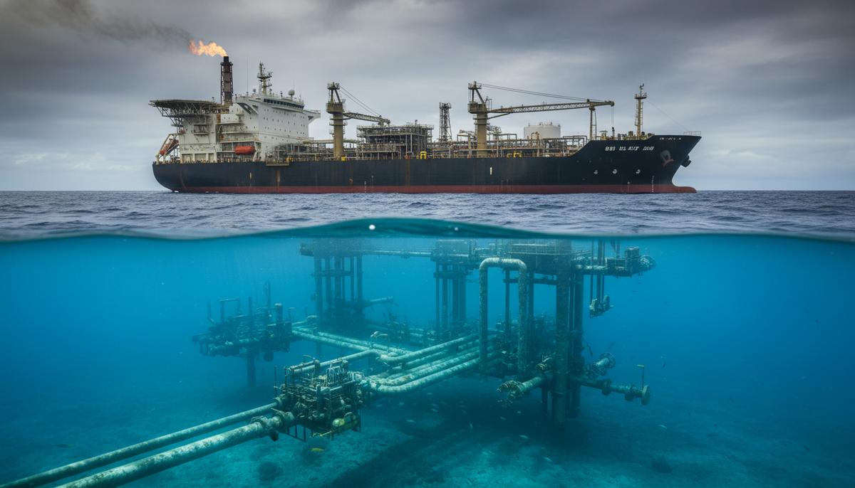 Плавающая нефтедобывающая платформа (FPSO) в море. Подводные трубопроводы и скважинные оголовки в глубокой синей воде.