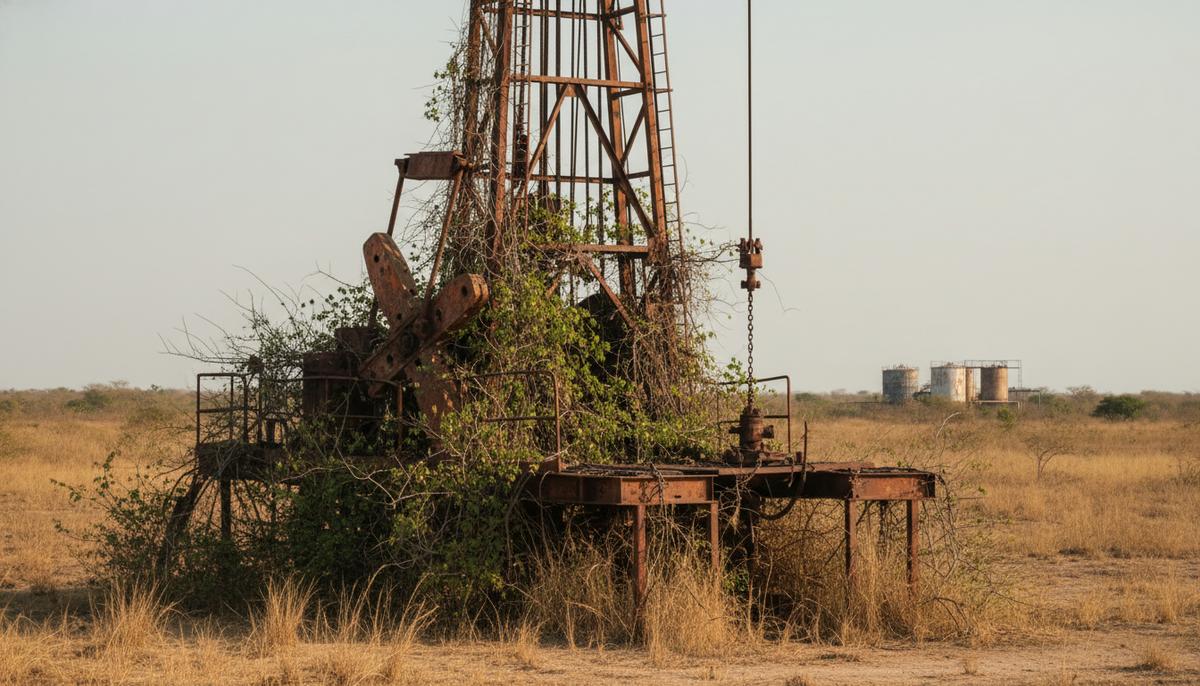 Заброшенная нефтяная буровая установка в саванне Венесуэлы. Ржавое оборудование, покрытое растительностью, на фоне нефтяных резервуаров.