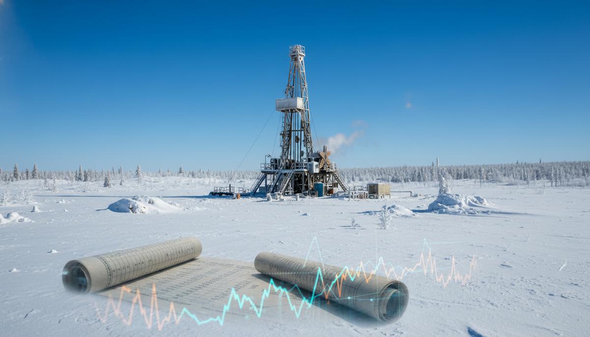 Нефтяная вышка в заснеженном канадском ландшафте. На переднем плане – схематичные изображения финансовых документов, отражающие сделку.