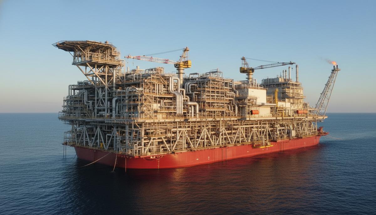 Масштабный плавучий завод по сжижению природного газа (FLNG) Prelude компании Shell в открытом море.