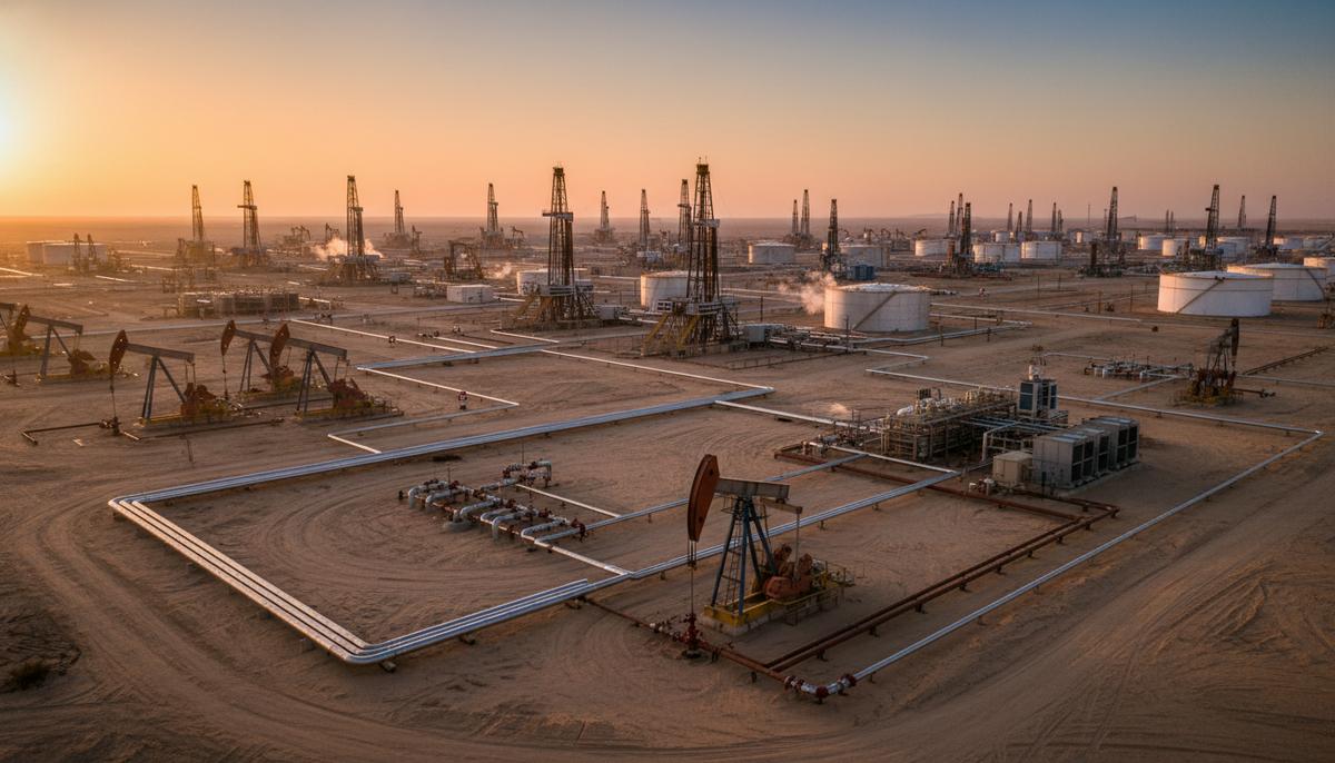 Панорама крупного нефтяного месторождения в пустыне, Кувейт. Видны буровые установки, сеть трубопроводов, элементы инфраструктуры по добыче и переработке нефти.