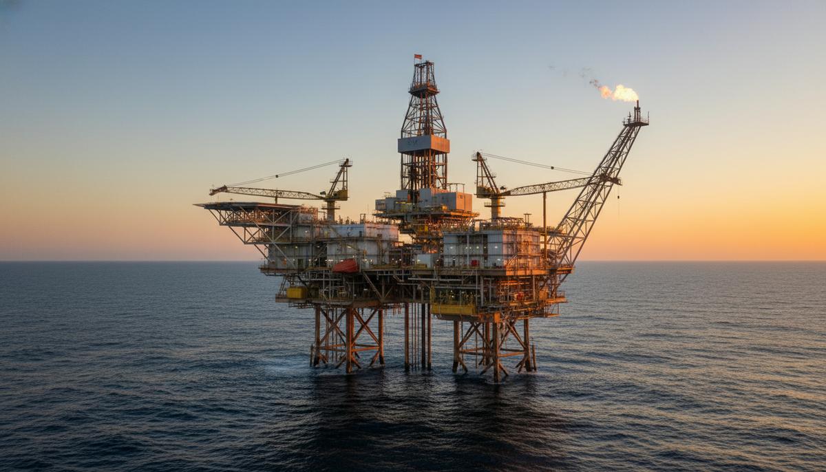 Морская нефтегазовая платформа на фоне побережья Южной Африки, символизирующая развитие энергетической отрасли.