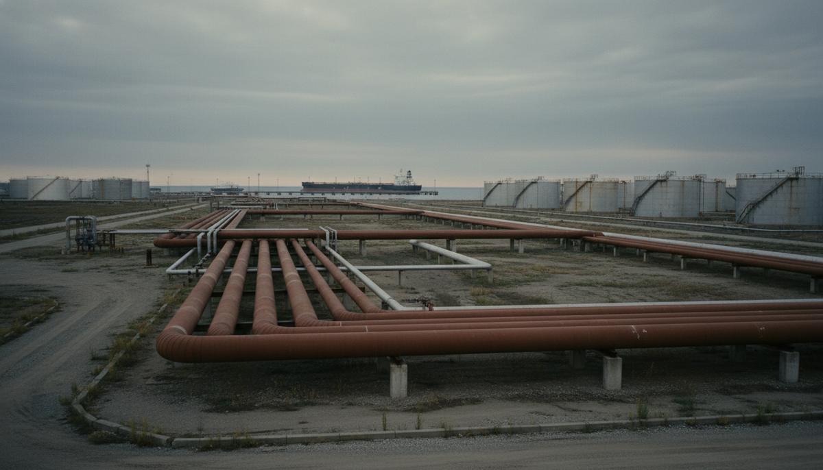 Вид на сеть трубопроводов, массивные резервуары для хранения нефти и пустой причал танкера в порту.