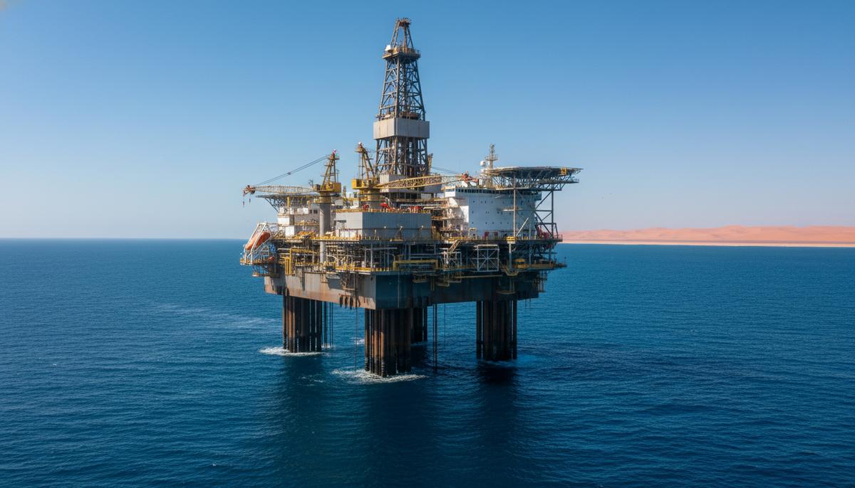 Буровая платформа в глубоководных водах Атлантического океана у побережья Намибии, ведущая нефтегазовую разведку.