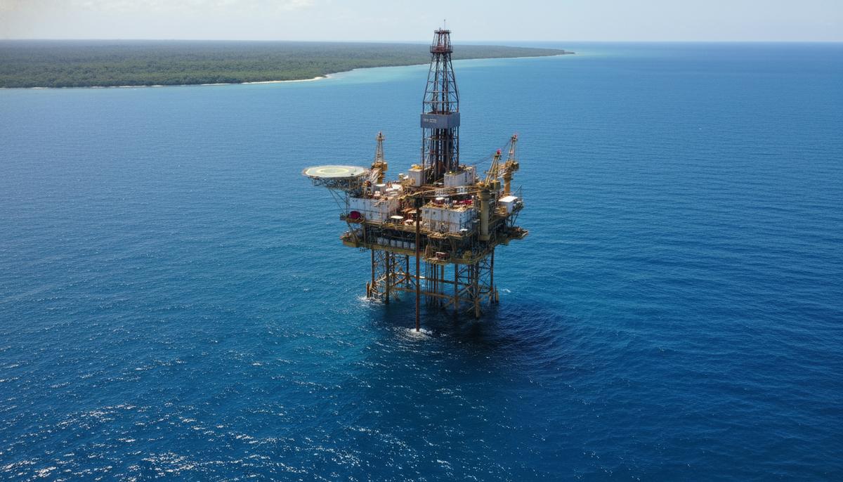 Буровая платформа в открытом океане у берегов Бразилии, над глубокими синими водами, с видом на горизонт и дельту Амазонки.