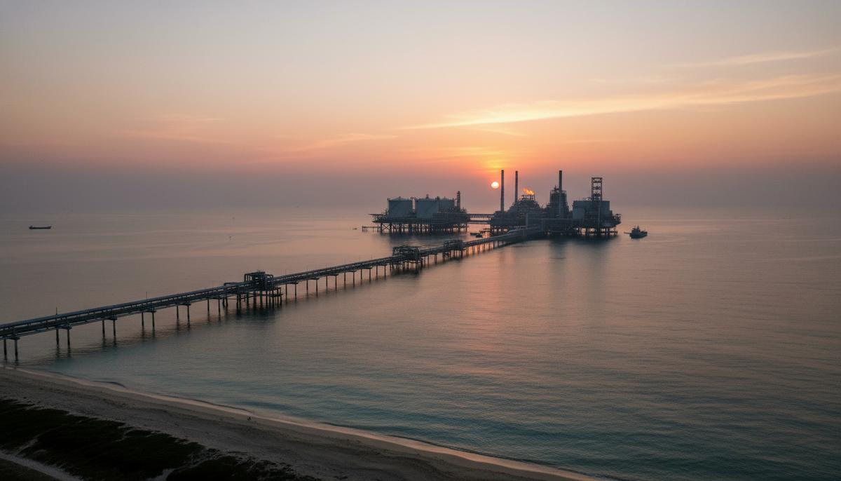 Морской терминал по переработке сжиженного природного газа (СПГ) на побережье Гвинейского залива, с видимыми промышленными трубопроводами.