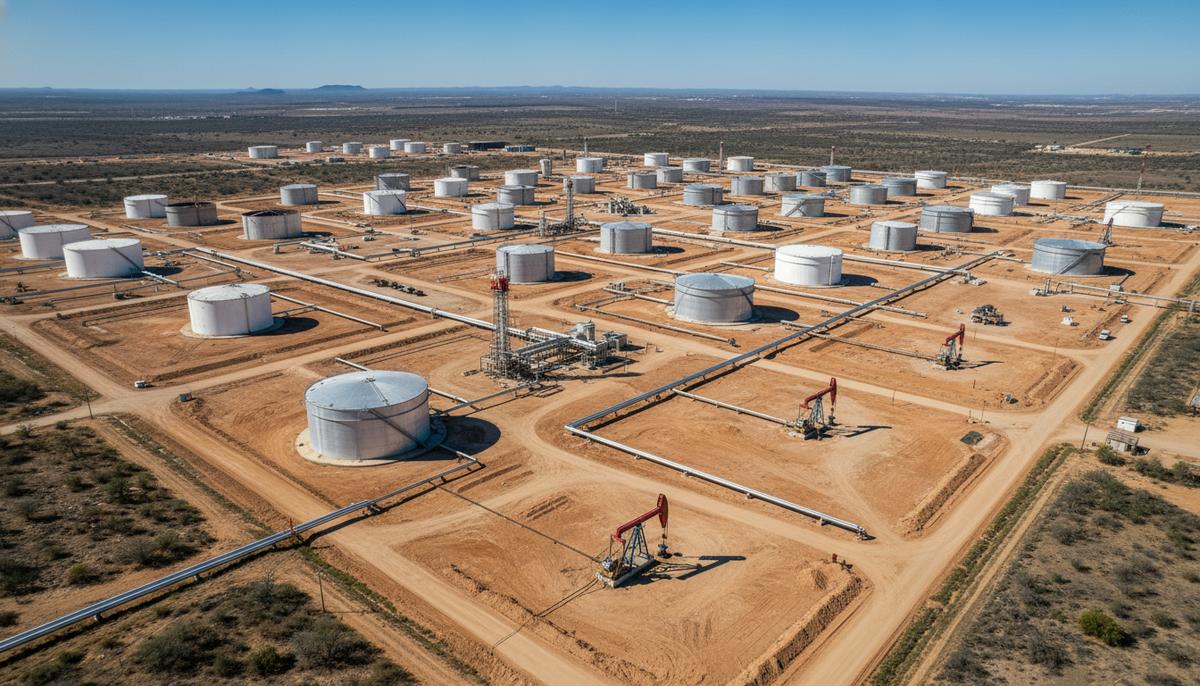 Панорамный вид на нефтегазовое месторождение в Техасе с сетью трубопроводов, резервуаров и насосных станций.