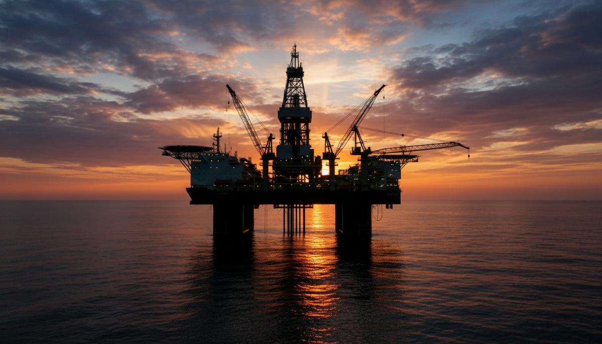 Крупный план ультраглубоководного бурового судна в открытом океане на фоне восхода солнца. Видны детали корпуса и буровых установок.