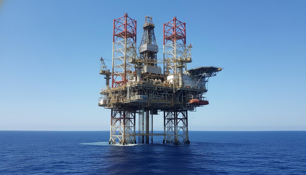 Морская нефтяная платформа в открытом океане у побережья Намибии, Африка. Видны буровые установки и металлоконструкции.