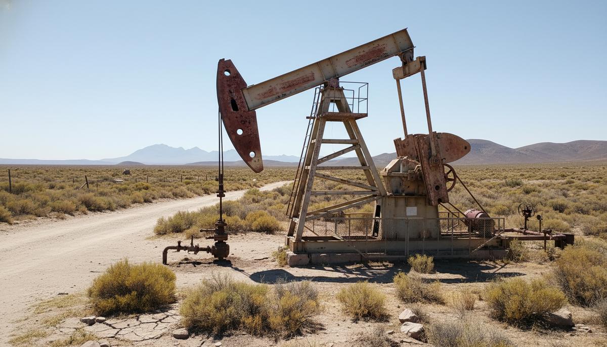 Interoil E&P уходит из Аргентины: причины и последствия Заброшенный нефтяной насос-качалка в засушливом ландшафте аргентинской провинции Санта-Крус с пыльной дорогой и выцветшей растительностью.