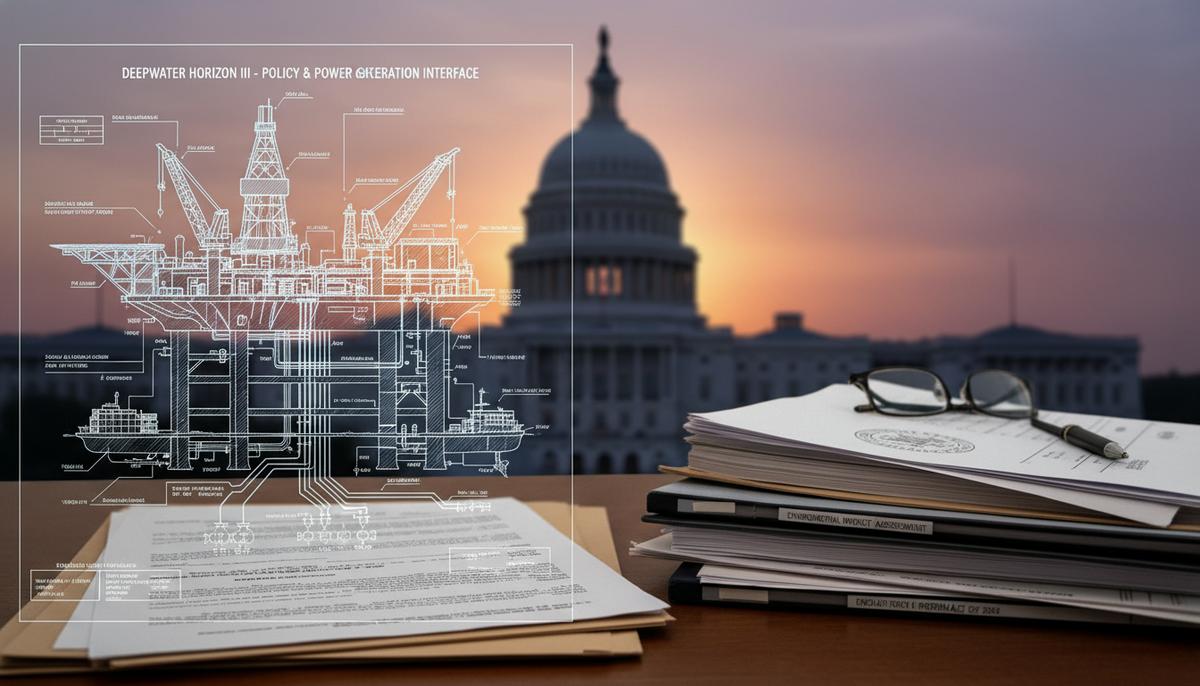 Американский нефтесервис: отрасль требует от Вашингтона ясности в политике Чертеж буровой установки на фоне Капитолия США на рассвете, перед ним стопка официальных документов.
