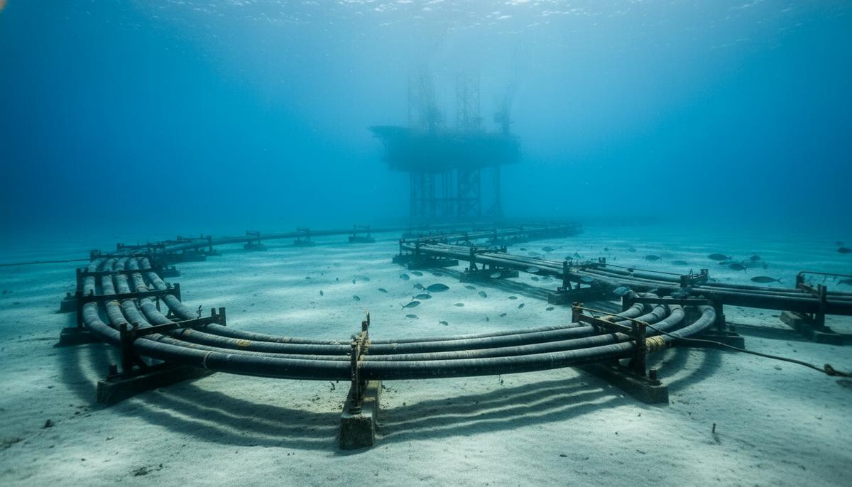 Подводные трубопроводы и шлангокабели, уложенные на песчаном дне Средиземного моря. Солнечный свет проникает сквозь толщу воды.