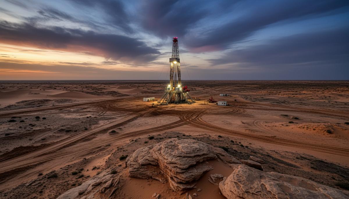 Буровая установка на месторождении нефти в пустынном ландшафте Сенегала, Африка.