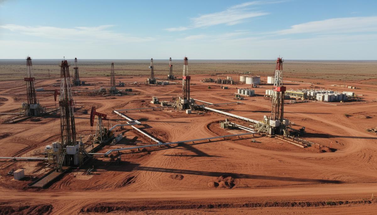 Вид с воздуха на буровые установки, скважины и трубопроводы на месторождении нефти и газа в австралийской пустыне под ясным небом.