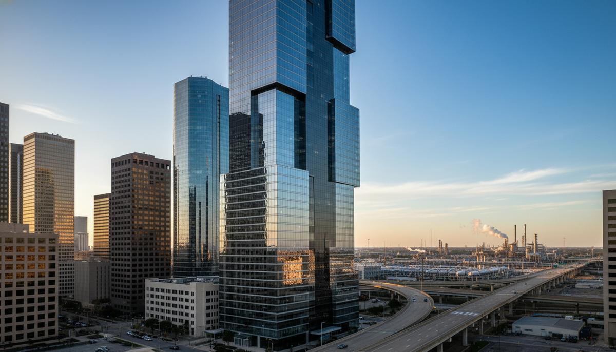 Современный стеклянный небоскреб в Хьюстоне, отражающий городской пейзаж, с видимыми элементами нефтегазовой инфраструктуры на горизонте.