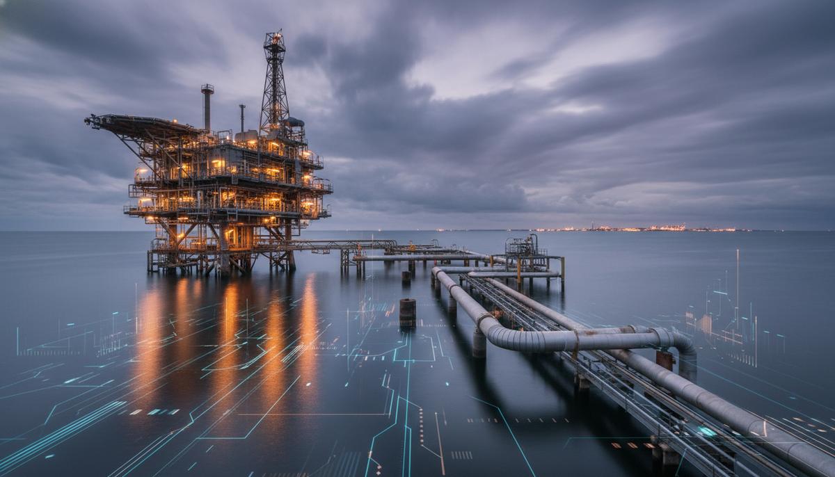 Tenaz Energy завершила ИТ-интеграцию: полный контроль над активами Северного моря Морская газовая платформа в Северном море на закате, соединенная трубопроводами с береговым газоперерабатывающим комплексом в Ден-Хелдере.