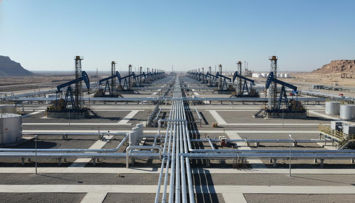 Панорамный вид на современное, хорошо организованное нефтяное месторождение с буровыми вышками, трубопроводами и резервуарами, уходящими за горизонт, под чистым небом.