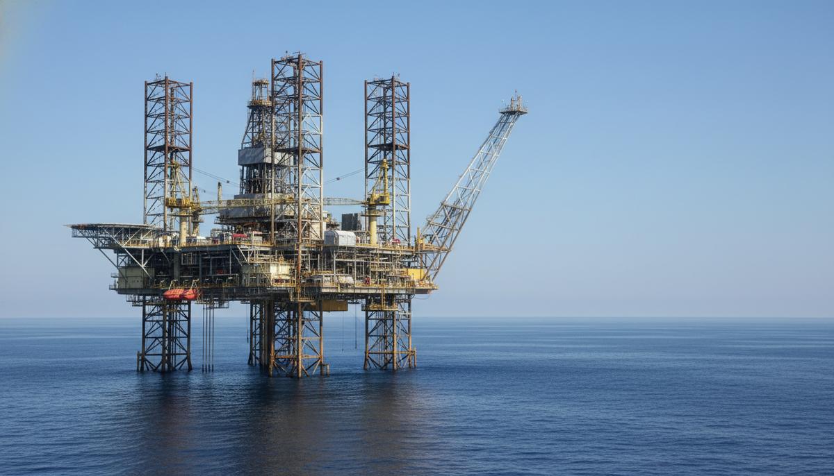 Глубоководная нефтегазовая платформа в Мексиканском заливе с буровыми установками и промышленными сооружениями на фоне спокойного моря.