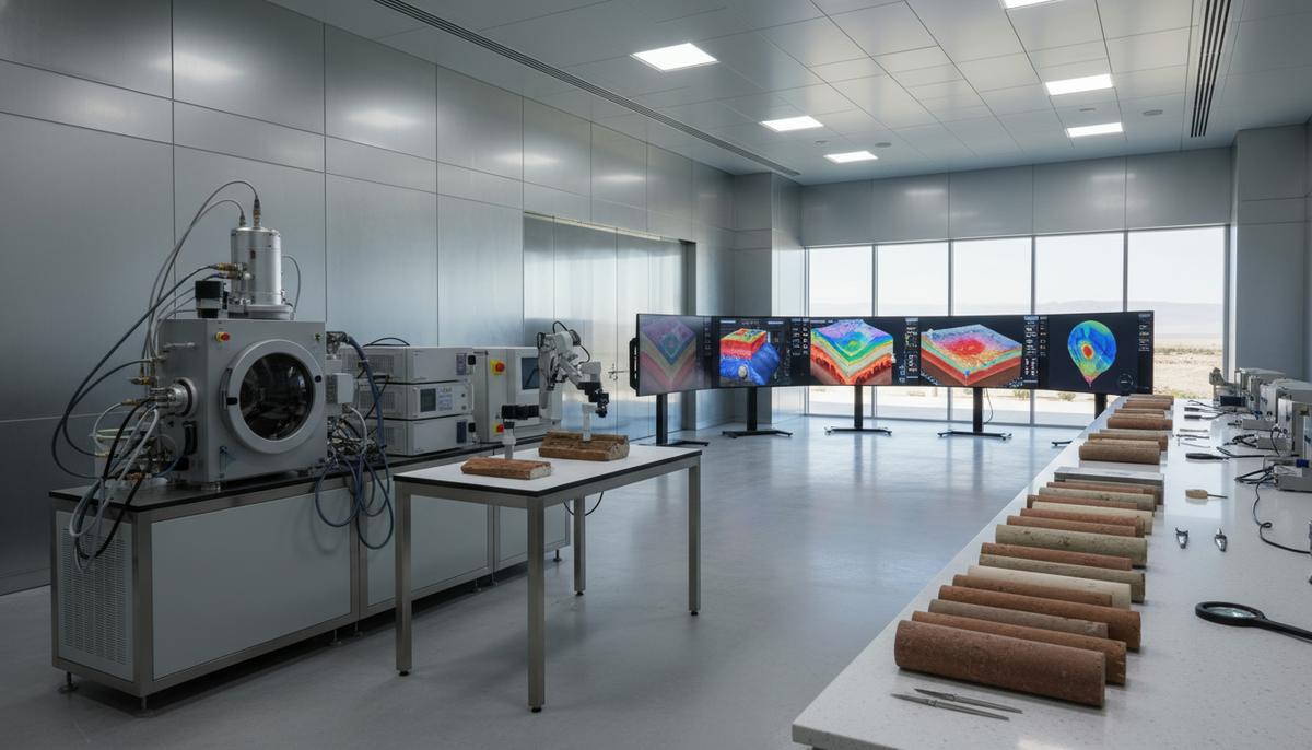 Elemental Energies усиливает экспертизу: поглощен норвежский APT Современная геохимическая лаборатория с высокоточным оборудованием для анализа керна, отображающая сложные модели недр на экранах.