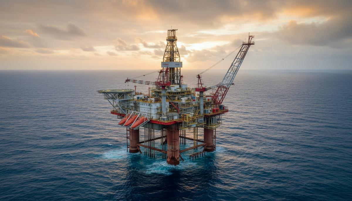 MOL Group расширяет горизонты: европейцы освоят ливийский шельф Глубоководная буровая платформа посреди Средиземного моря, освещенная закатным солнцем, с детализированными морскими конструкциями.