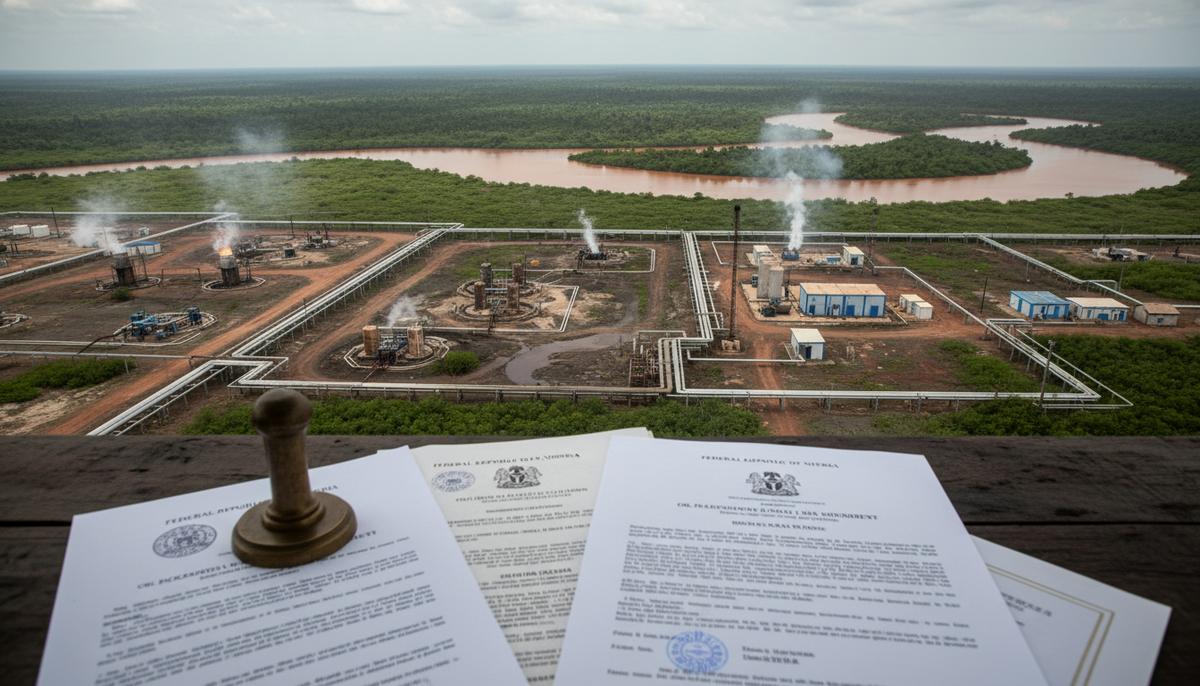 Нигерийский суд создал прецедент: под угрозой – инвестиции в апстрим-сектор Аэрофотосъемка нефтепромысла в дельте Нигерии, включающая трубопроводы, скважины и установки. На переднем плане – юридические документы с печатями.