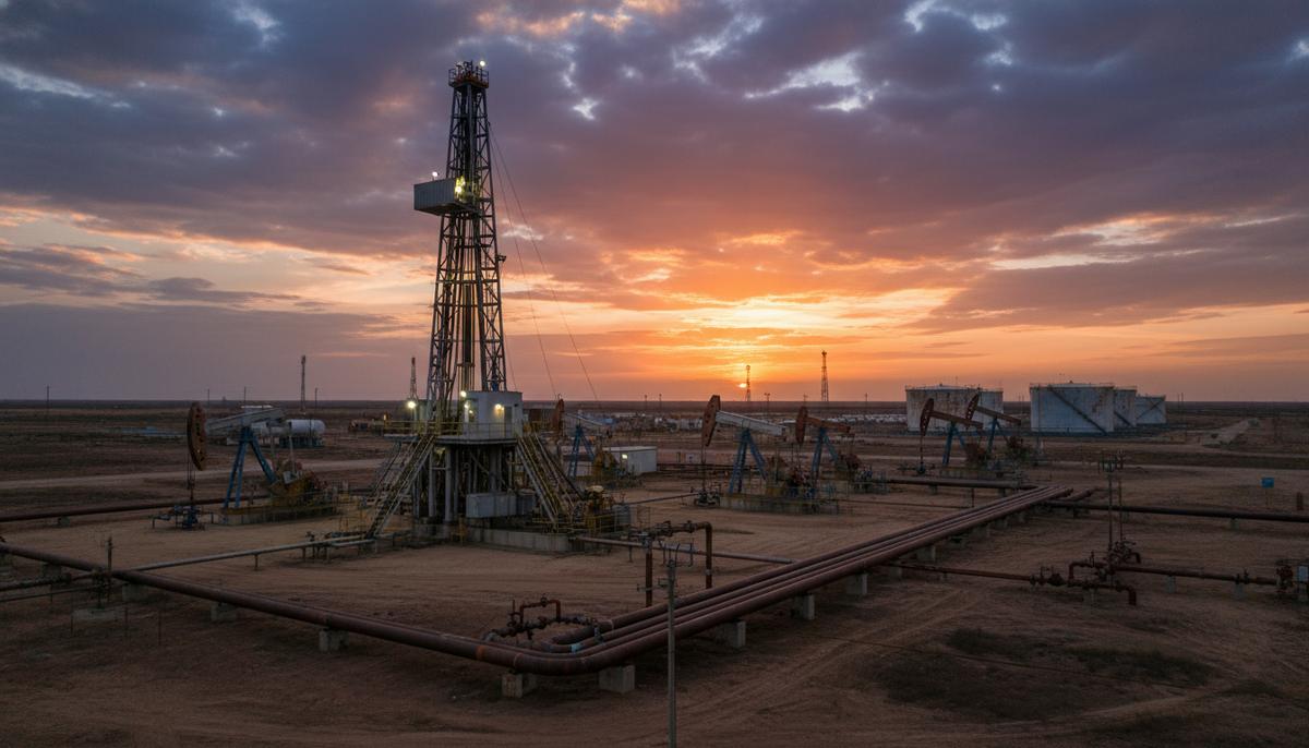 США ослабляют санкции: сервисные компании возвращаются в Венесуэлу Вид действующего нефтяного месторождения в Венесуэле. Современная буровая вышка, сеть трубопроводов и резервуары под закатным небом.