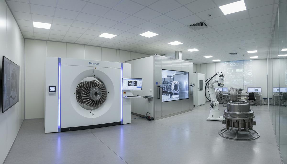 Промышленный цех с оборудованием неразрушающего контроля: КТ-сканеры, рентгенографы, дефектоскопы, инспектирующие детали.