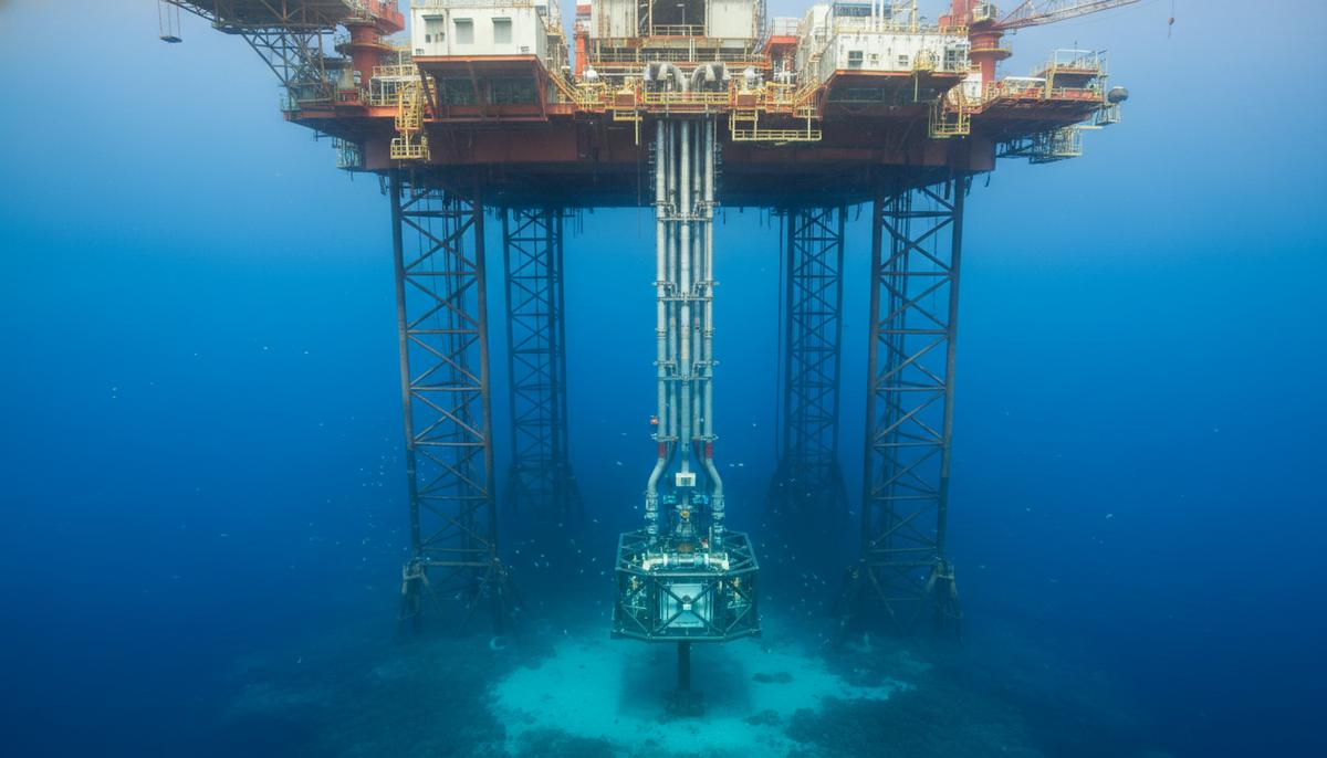 Морская платформа, спускающая систему райзеров к подводной скважине на дне моря среди трубопроводов.
