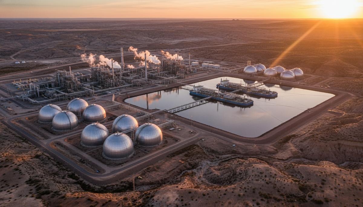 Масштабный комплекс по сжижению природного газа с плавучими СПГ-заводами на фоне пейзажей региона Вака Муэрта.