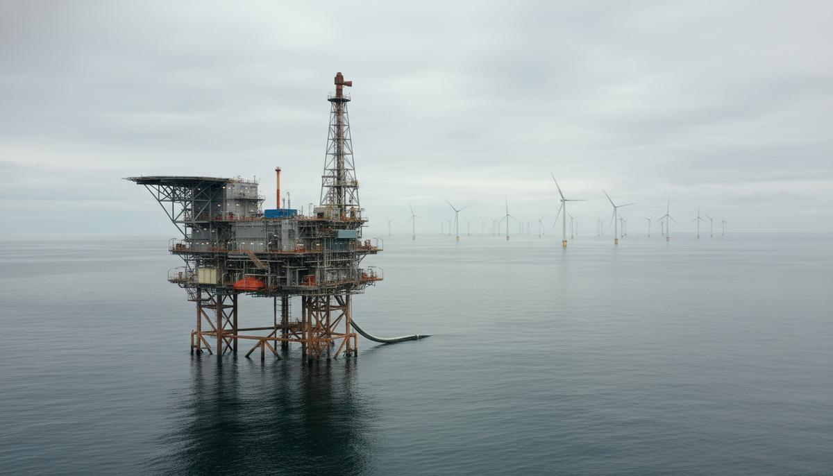 Морская газовая платформа в Северном море, соединенная подводным кабелем с ветряной электростанцией на горизонте.