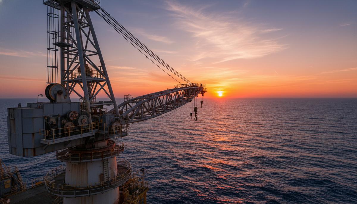EnerMech продлевает контракт: укрепление позиций на ближневосточном шельфе Крупный план стрелы и сложных механизмов большого морского крана на фоне открытого моря на рассвете.