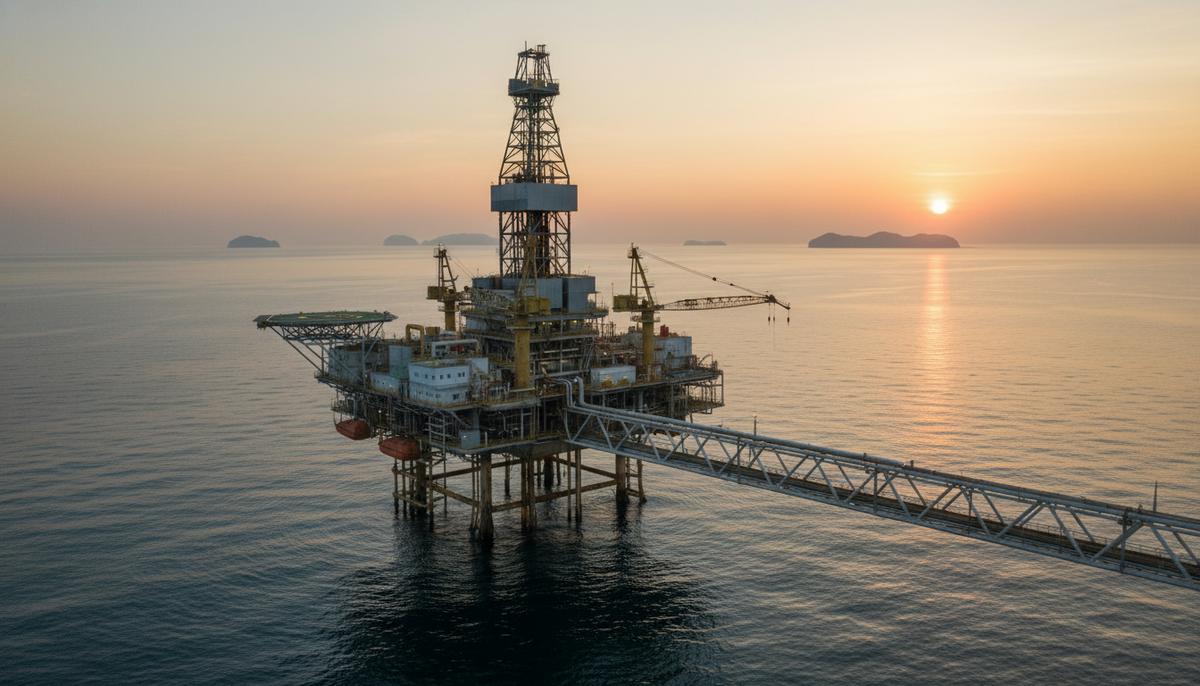 SLB получила крупный контракт на глубоководную разработку газа в Индонезии Современная глубоководная морская буровая платформа с комплексным буровым оборудованием в Андаманском море, Индонезия, на рассвете.