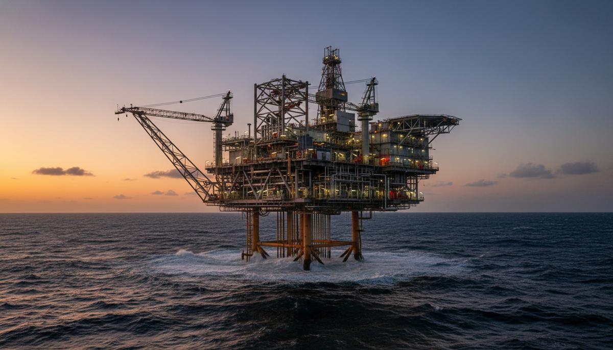 Weatherford укрепит позиции в Северном море: контракт с TotalEnergies в Дании Офшорная нефтегазовая платформа в Северном море на закате. Видны буровые установки, трубопроводы, системы заканчивания скважин на фоне моря.