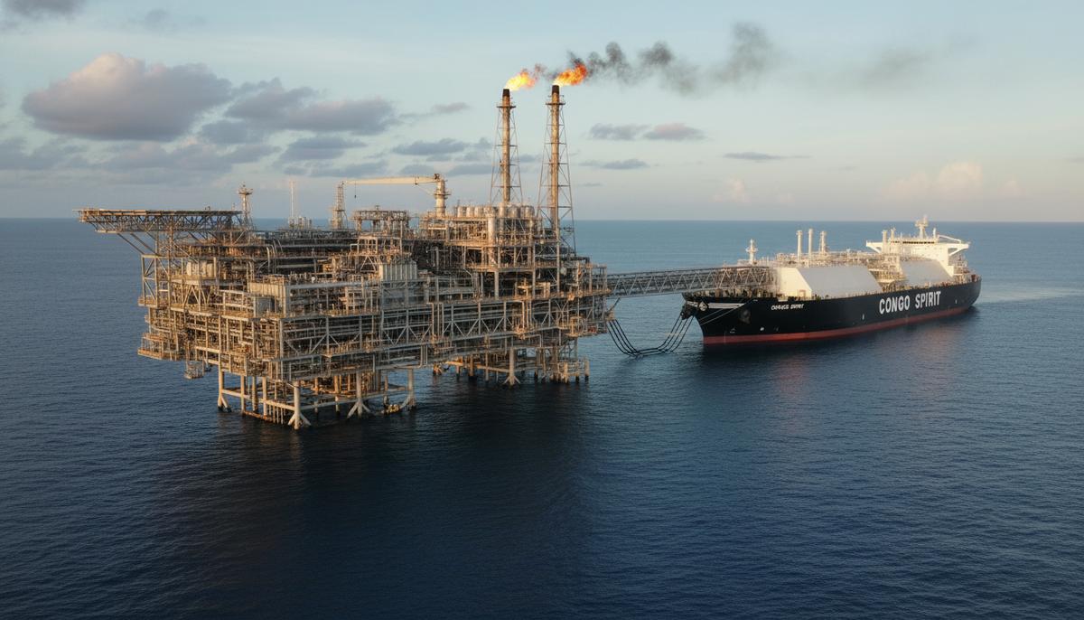 Конго наращивает экспорт СПГ: запущен второй этап ключевого проекта Плавающий завод по производству СПГ (FLNG) и танкер-газовоз в офшоре Конго. Видны промышленные установки, трубопроводы и морская гладь.