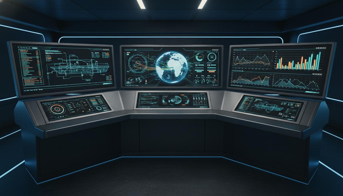 Современный мостик морского судна с множеством цифровых экранов, отображающих навигационные данные, графики расхода топлива и аналитику работы систем.