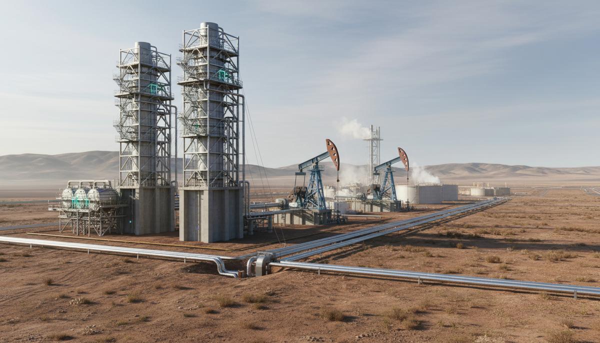 Канада: углеродные ловушки как ключ к будущему нефтяной отрасли на фоне сдвига в США Индустриальный комплекс по добыче нефти в Альберте, Канада, с установками улавливания и хранения углерода, трубопроводами и сооружениями на фоне пейзажа.