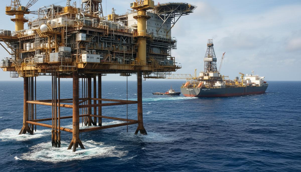 Ангола: новое месторождение может добавить 500 млн баррелей к запасам Огромная морская буровая установка с трубопроводами в синем океане, на горизонте — плавучая платформа FPSO у побережья Анголы.