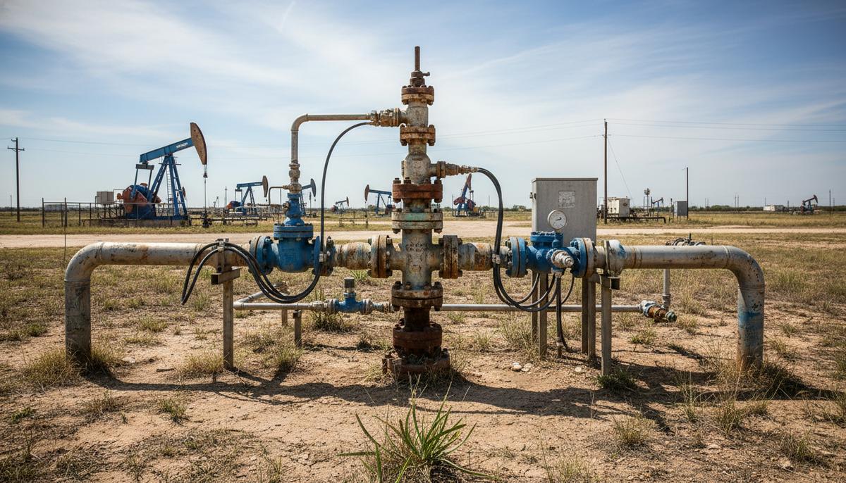 Детальный вид на устье нагнетательной скважины с трубопроводами на зрелом нефтяном месторождении в Восточном Техасе, среди сухой почвы и растительности.