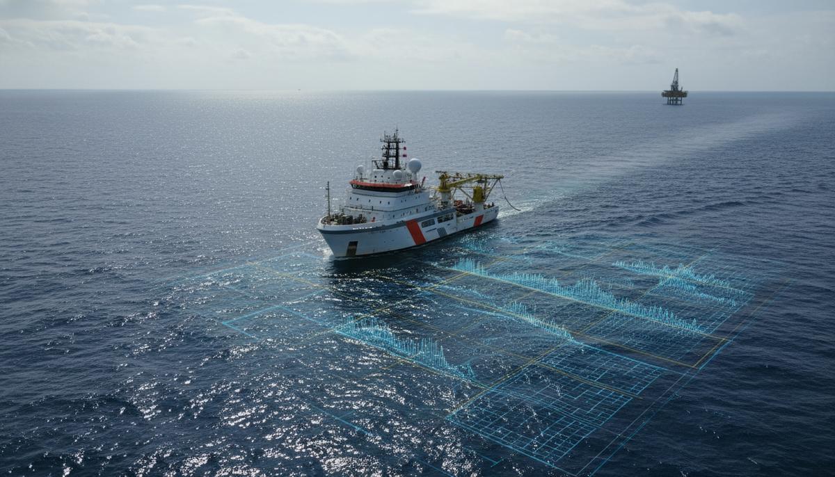 Современное сейсмическое судно на океанских просторах с полупрозрачными цифровыми данными под водой и отдаленной морской буровой платформой.