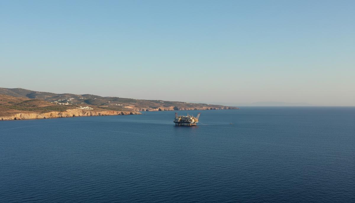 Морская нефтегазовая платформа или исследовательское судно в восточной части Средиземного моря, на горизонте виднеется побережье Греции.