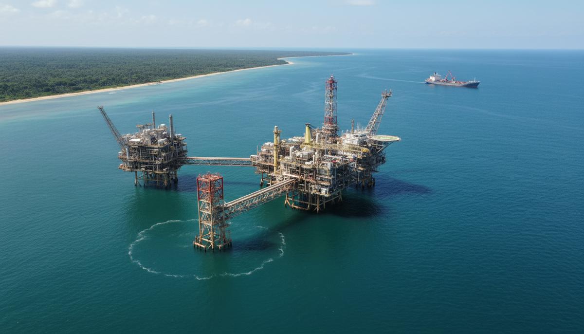 Вид с воздуха на современную морскую нефтегазовую платформу у побережья Африки. На горизонте– зелёный берег, вдали—судно снабжения. Платформа со сложной структурой под ясным небом.